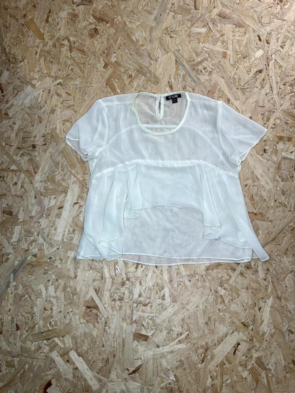 Its Me Womens Chiffon Blouse Size S White Sheer Layered Ruffle Short Sleeve Top